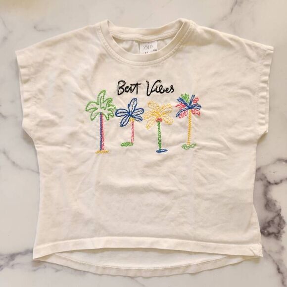 Zara 6-7 year girls vibes palm tree neon embroidered basic white T-shirt - Picture 1 of 8